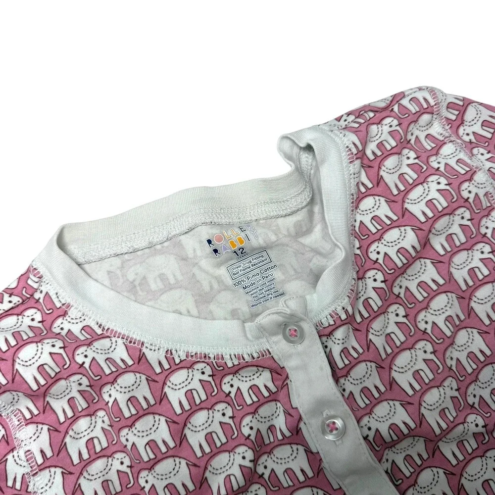 Roller Rabbit Elephant Pajama Set Kids Size 12 Pink Pima Cotton Made Peru PJ